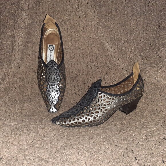 El Vaquero Shoes - EL VAQUERO-Cowboy-Laser Cut-Out-Pewter Metallic Leather-VINTAGE-Sz 38-Excellent